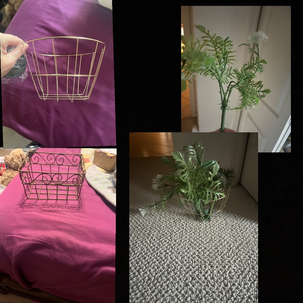 Gold Wire Storage Basket, Metal Gold Storage Basket and Greenery Brand New